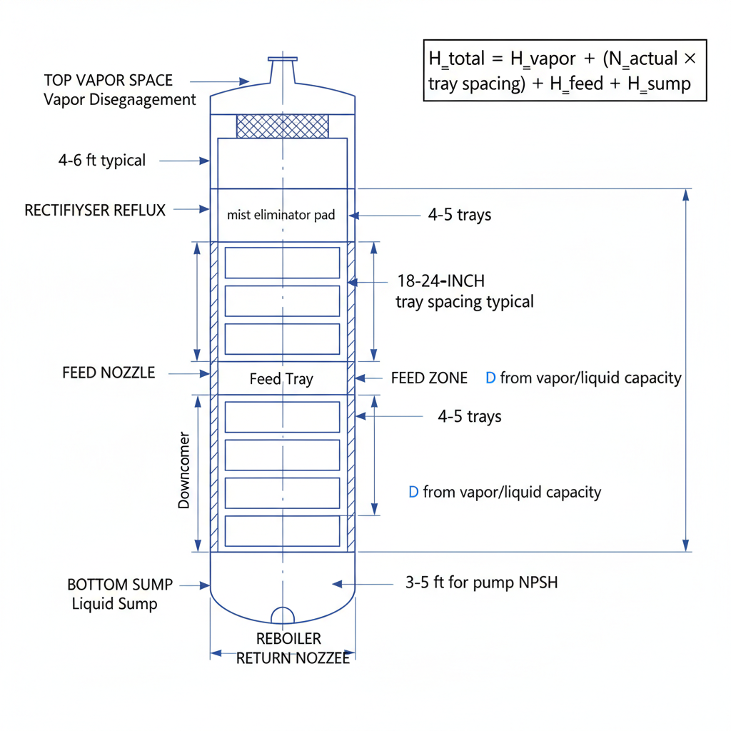 Distillation column cross-section schematic showing tray spacing, vapor disengagement space at top, feed zone, rectifying and stripping sections, and liquid sump at bottom with dimension annotations