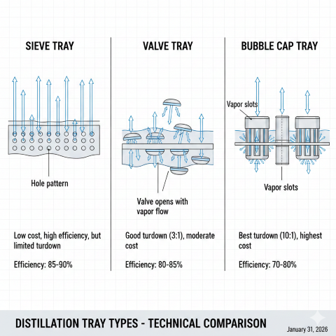 Comparison of three distillation tray types showing cross-sectional views of sieve trays with perforated holes, valve trays with movable caps, and bubble-cap trays with risers and slotted caps, illustrating vapor flow patterns through each design