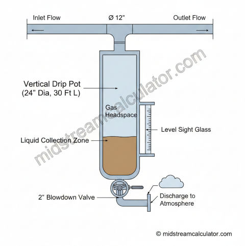 Vertical drip pot cross-section showing 12-inch pipeline connection, 24-inch diameter drip pot with gas headspace and liquid collection zone, level sight glass, and 2-inch blowdown valve with discharge to atmosphere