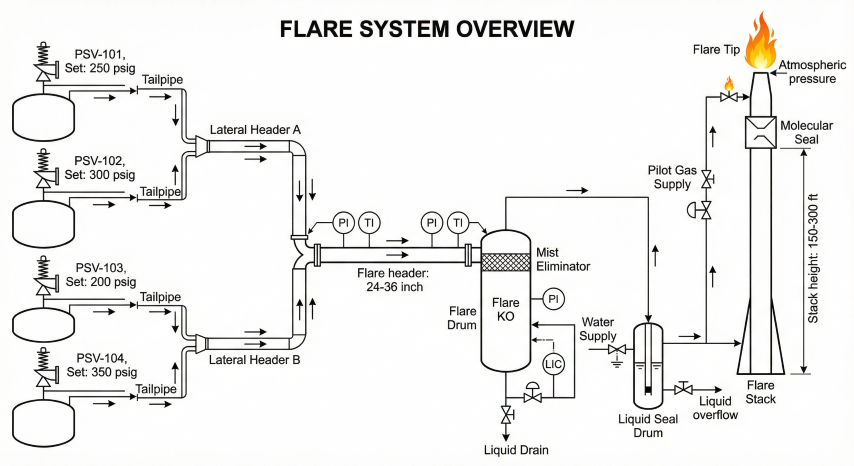 Flare system overview P&ID diagram showing multiple pressure relief valves with set pressures discharging through tailpipes to lateral headers combining into main flare header leading to knockout drum with liquid drain then to flare stack with molecular seal and flare tip with pilot gas supply