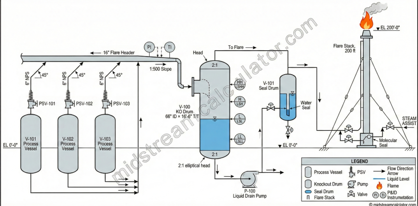 Flare disposal system P&ID showing PSVs, header, KO drum, seal drum, and flare stack.
