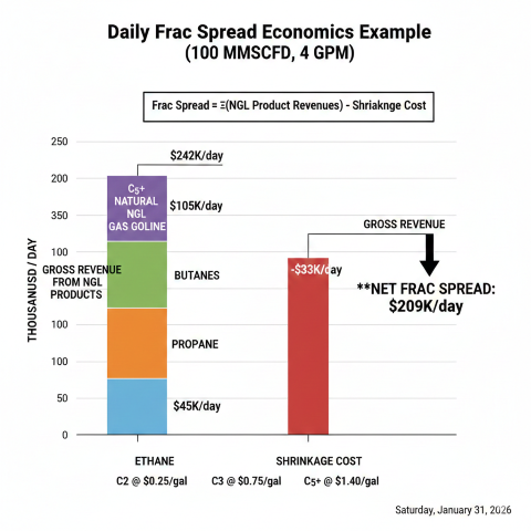 Frac spread economics bar chart showing stacked NGL product revenues for ethane, propane, butanes, and C5+ natural gasoline against shrinkage cost deduction, with net frac spread calculation showing daily profitability