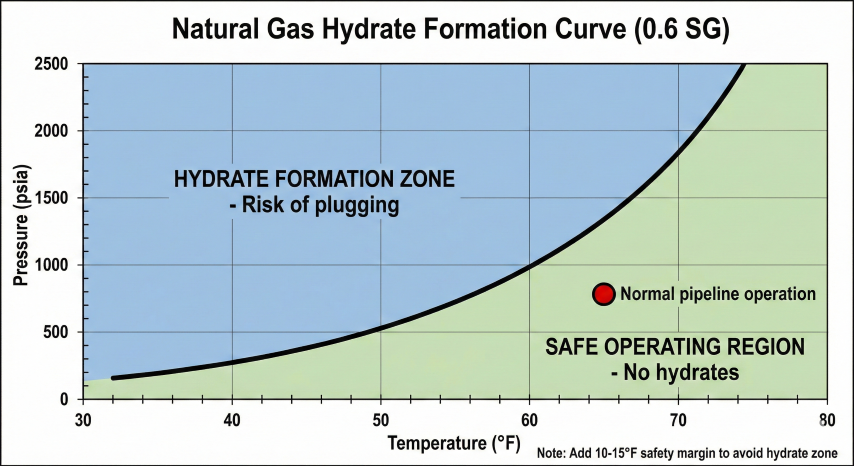 Gas hydrate formation P-T phase diagram for 0.6 SG natural gas showing pressure versus temperature curve with hydrate formation zone shaded in blue on left side and safe operating region in green on right, with typical pipeline operating point marked