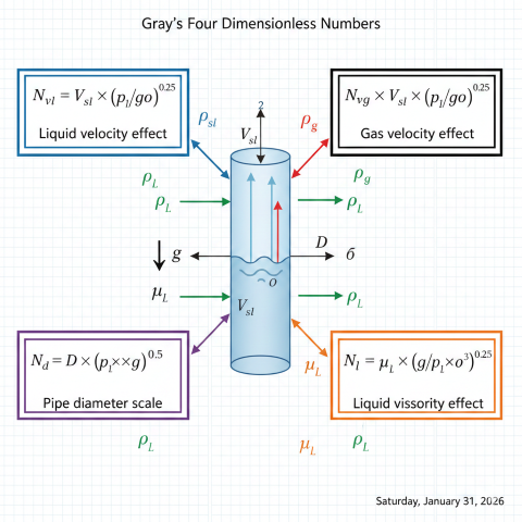 Gray dimensionless number schematic showing vertical pipe section with two-phase flow in center, surrounded by four boxes connected by arrows showing how physical variables combine: N-vl for liquid velocity effect, N-vg for gas velocity effect, N-d for pipe diameter scale, and N-l for liquid viscosity effect with formulas