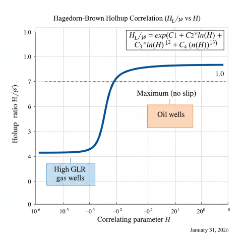 Hagedorn-Brown holdup correlation chart showing semi-log plot of H-L over psi ratio on y-axis from 0 to 1.0 versus correlating parameter H on logarithmic x-axis, with S-shaped correlation curve rising from near zero at low H values to asymptotically approaching 1.0 at high H values