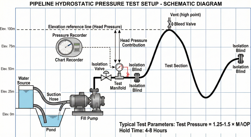 Pipeline hydrostatic test setup schematic showing water source tank, high-pressure fill pump, test manifold with isolation valve and pressure gauge, test section with blind flanges at both ends following terrain elevation changes, vent valve at high point, and pressure recorder