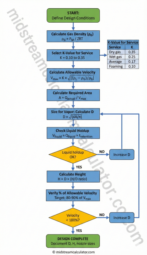 KO drum sizing procedure flowchart per API RP 521.
