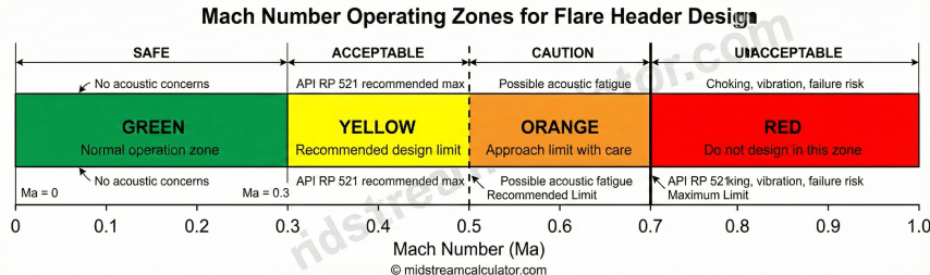 Mach number operating zones for flare header design per API RP 521.