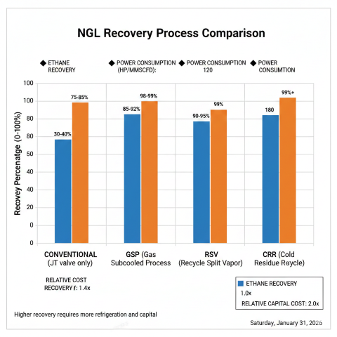 Bar chart comparing NGL recovery technologies showing ethane and propane recovery percentages for Conventional JT, GSP, RSV, and CRR processes, with power consumption data in HP per MMSCFD and relative capital costs