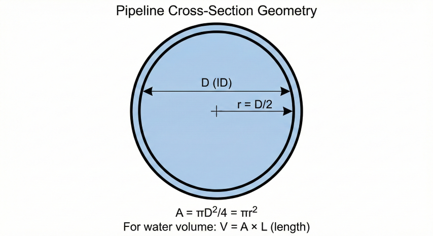Pipeline circular cross-section diagram showing inside diameter D with dimension arrows, radius r labeled from center to wall, internal flow area shaded in blue, and area formula A equals pi D squared over 4