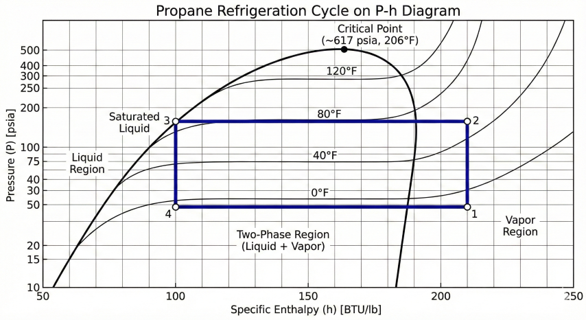 Propane pressure-enthalpy P-h diagram showing vapor dome saturation curve with liquid region, two-phase region under dome, and vapor region, with refrigeration cycle overlaid showing state points 1 through 4 for compression, condensation, expansion, and evaporation processes with constant temperature isotherms