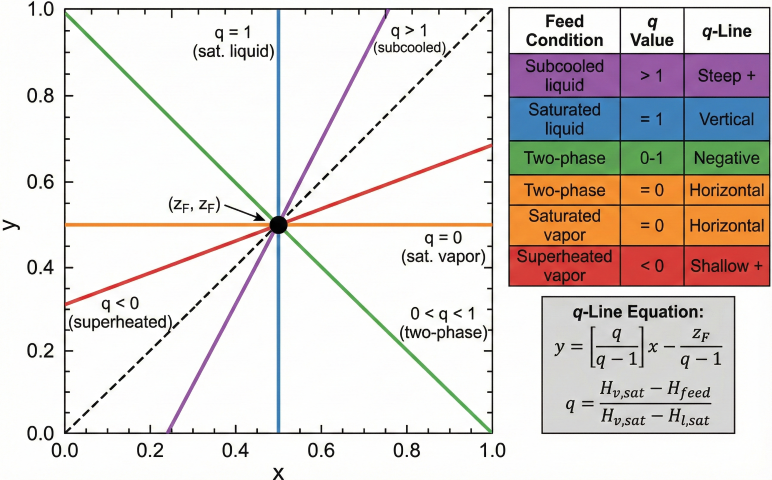 Five q-line orientations radiating from feed point (z_F, z_F): subcooled liquid (q>1, steep positive), saturated liquid (q=1, vertical), two-phase (0<q<1, negative slope), saturated vapor (q=0, horizontal), superheated vapor (q<0, shallow positive)