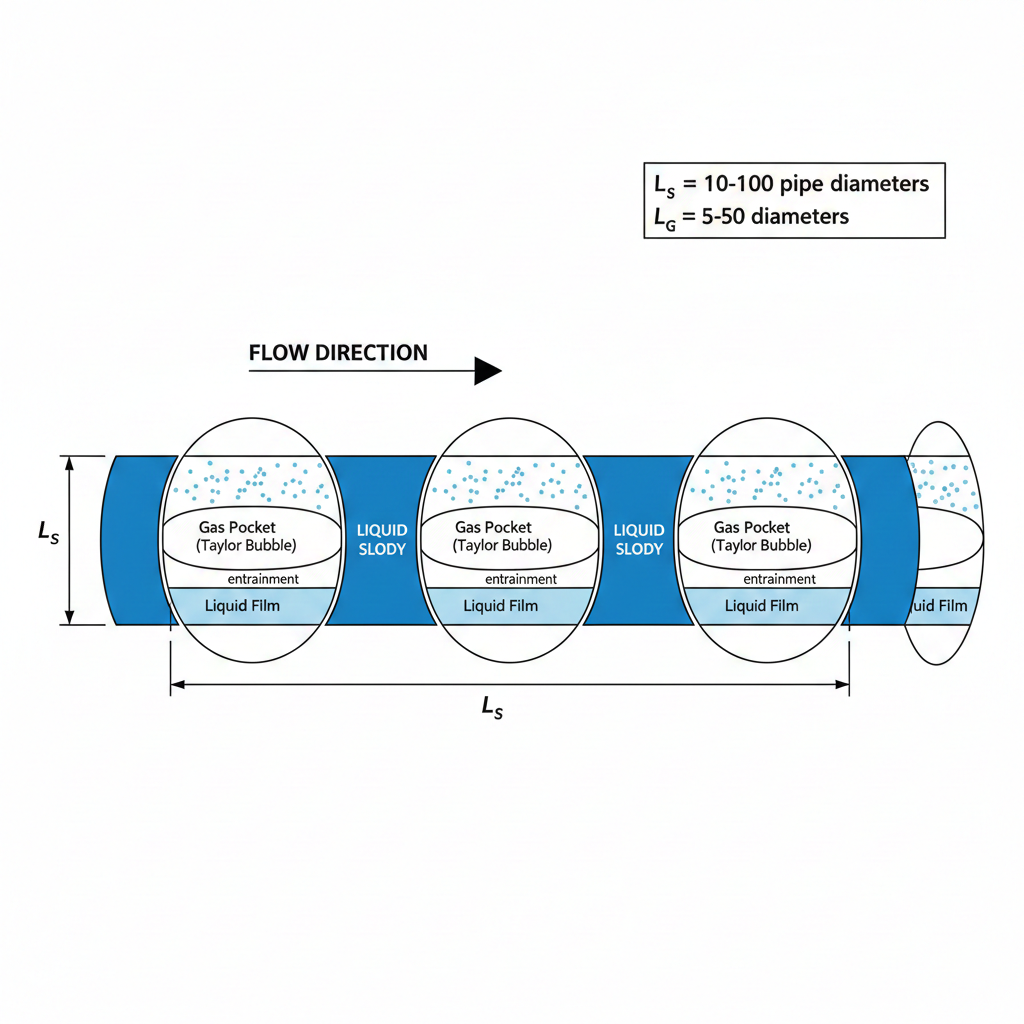 Slug flow longitudinal cross-section showing alternating liquid slug bodies completely filling the pipe and elongated gas pockets (Taylor bubbles) above thin liquid film at pipe bottom, with dimensions labeled for slug length and gas pocket length