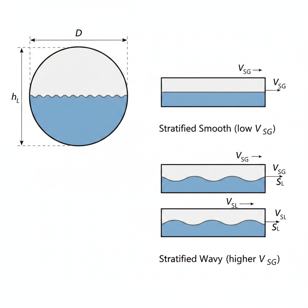 Stratified two-phase flow diagram showing pipe cross-section with liquid layer at bottom and gas phase above, plus side-by-side comparison of stratified smooth flow with flat interface versus stratified wavy flow with undulating interface at higher gas velocities