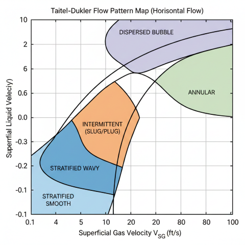 Taitel-Dukler horizontal two-phase flow pattern map showing log-log plot of superficial gas velocity versus superficial liquid velocity with five distinct regions labeled: stratified smooth, stratified wavy, intermittent slug-plug, annular, and dispersed bubble flow, with curved transition boundaries between regimes