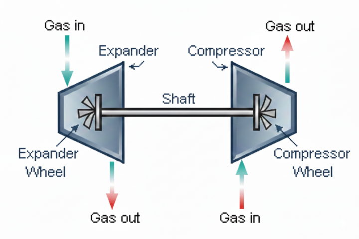 Turboexpander-compressor assembly cutaway showing radial inflow expander wheel made of aluminum alloy, centrifugal compressor wheel made of steel, common shaft with active magnetic bearings, labyrinth seal system, and inlet/outlet volutes