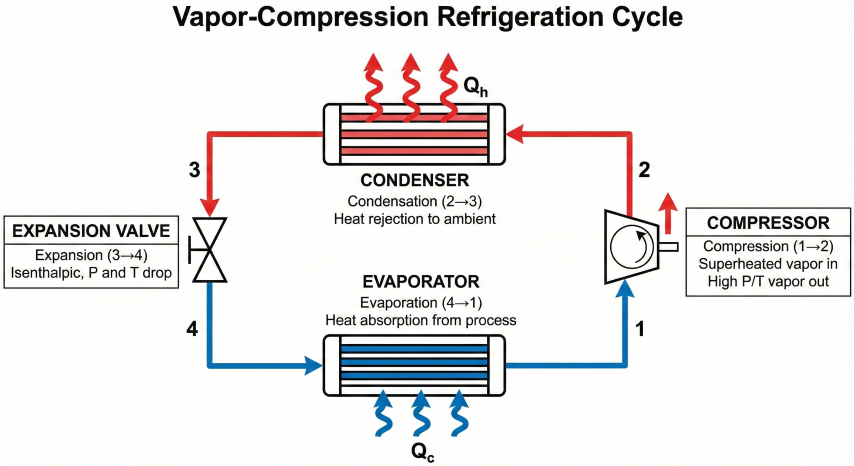 Basic vapor-compression refrigeration cycle process flow diagram showing four components in closed loop: compressor with state 1 to 2 compression, condenser with heat rejection Qh, expansion valve with isenthalpic throttling, and evaporator with heat absorption Qc, with high-pressure side in red and low-pressure side in blue