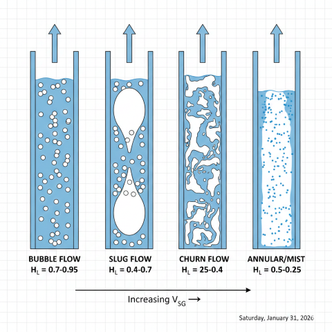 Four vertical two-phase flow patterns side by side showing bubble flow with dispersed gas bubbles in liquid, slug flow with alternating Taylor bubbles and liquid slugs, churn flow with chaotic oscillating mixture, and annular-mist flow with thin liquid film on wall and gas core with entrained droplets, with typical holdup values labeled