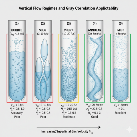 Vertical two-phase flow regime progression showing five pipe sections for bubble, slug, churn, annular, and mist flow patterns with increasing gas velocity from left to right, including velocity ranges, typical holdup values, and Gray correlation accuracy ratings color-coded from poor to excellent