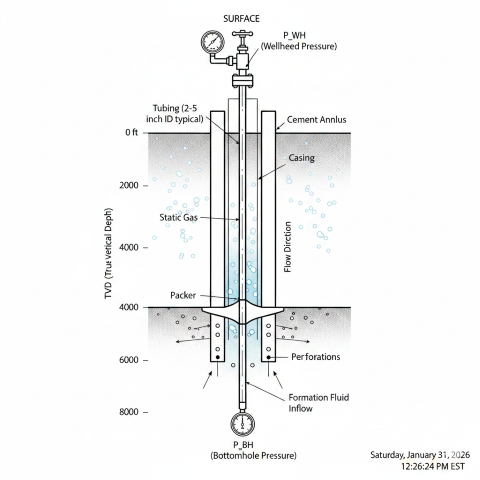 Vertical gas well cross-section schematic showing wellhead with pressure gauge at surface, tubing string running down center, casing with cement annulus, packer seal near bottom, and perforations with flow arrows indicating multiphase production from formation to surface with depth markers